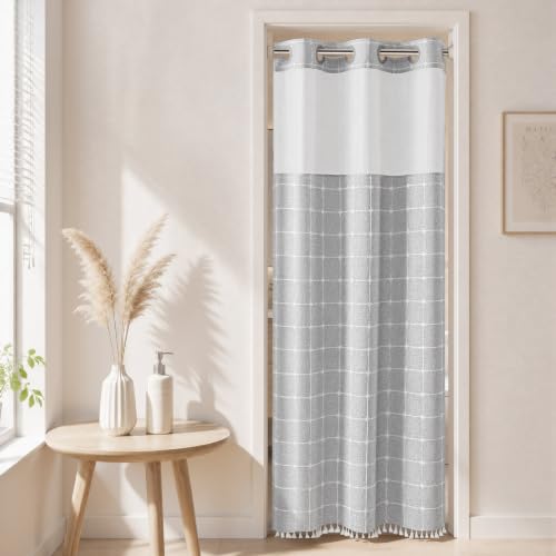 River Dream Grey Farmhouse Shower Curtain with Snap-in Liner, No Hooks Needed,with Magnets,with Tassels,Water Repellent&Machine Washable,36x74Inch - color: Grey-window, size: 36"W x 74"L (Pack of 1)