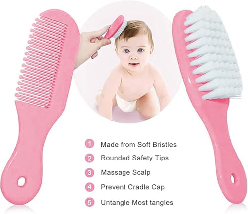Baby Grooming Kit, Infant Safety Care Set with Hair Brush Comb Nail Clipper Nasal Aspirator,Baby Essentials Kit for Newborn Girls Boys (Pink Baby Grooming kit) - style: Pink Kit+Pink Brush