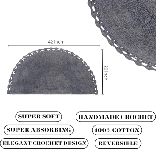 Half Moon Circle Bohemian Bathroom Rug with Handwoven Chrochet Border, Beautifully Handcrafted 100% Cotton Mat - 22x42", Round Boho Bedroom Rug, Boho Bathroom Décor, Machine Washable - Charcoal Grey - color: Charcoal Grey, size: 1'10" x 3'6" (Semicircular