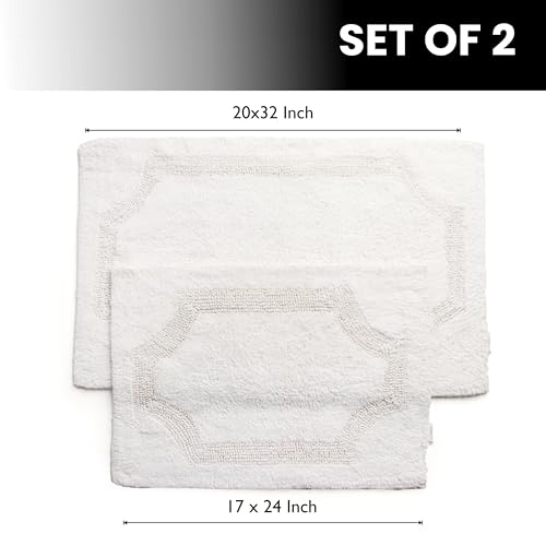 voyzz home Set of 2 Reversible Bath Rug 20x32 inch -17x24 inch | 100% Cotton Hand Tufted Soft & Absorbent Bath Mat|Washable Quick Dry Shaggy Shower Mat | Non-Slip Mordern Bathroom Decor | White… - color: White Shaggy Set of 2 20x32-17x24