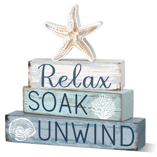 Cinnvoice 4 Pcs Coastal Beach Bathroom Decor Farmhouse Bathroom Decoration Relax Soak Unwind Table Centerpiece Gift for Christmas Valentines Back to School - style: Coastal Relax Soak Unwind