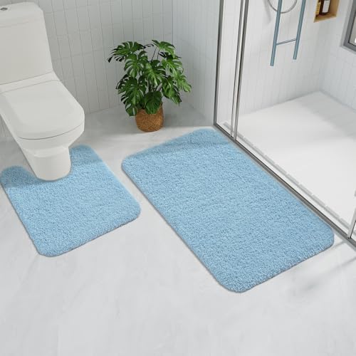 HOMORE Bathroom Rug Set 2 Piece,Soft Absorbent Bath Mats Set,Machine Washable Bath Rug Sets for Bathroom Non Slip,(21"x34"+21"x21") Plush Shaggy U Shape Contour Toilet,Light Blue - color: Light Blue