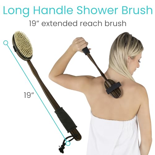 Vive Dry Brush Set for Lymphatic Drainage (3 Pack) - Brushing Scrubber for Exfoliating, Body Cellulite and Skin Massage - 100% Natural Boar Hair Bristles, 19” Long Dark Wooden Handle w/Storage Bag
