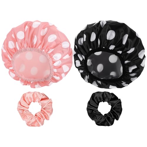 WSICSE 2 Packs Large Shower Caps for Women, Waterproof Shower Cap Double Layers Bath Caps with Hair Scrunchies for Long Thick Hair - color: pink, black