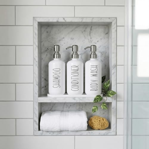 MOMEEMO Refillable Shampoo and Conditioner Bottles with Tray, Shower Shampoo Dispenser for Shower, Body Wash Dispenser for Shower, Shampoo Conditioner Dispenser with Stainless Steel Pumps (White) - color: White Silver