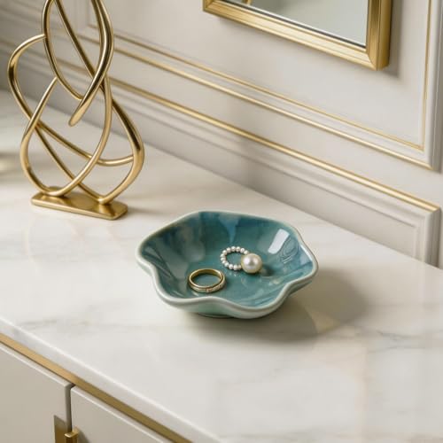 Ceramic Lotus Leaf Trinket Dish, Ring Holder for Jewelry | Keeps earrings, necklaces, keys, and keepsakes handy on vanities or nightstands, a sweet gift for moms, sisters, and friends - color: green