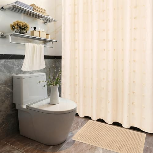 3 Pcs Boho Farmhouse Bathroom Shower Curtain Set with Waffle Bath Mat and Hand Towel Cream 71” x 71” Waterproof Neutral Shower Curtain Non Slip with 12 Hooks for Bathroom and Hotel Tub Decor