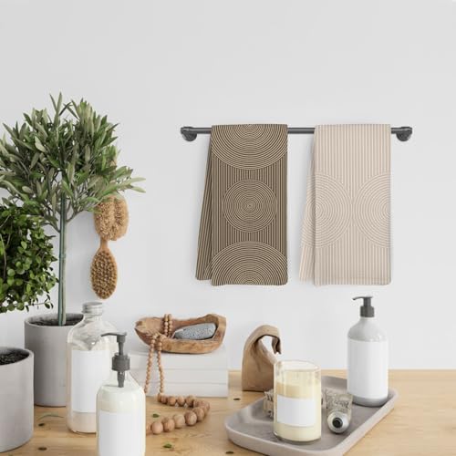 Neutral Beige Boho Abstract Dish Towels, Mid Century Modern Kitchen Towels and Dishcloths Set of 2, Bohemian Abstract Hand Tea Towel for Bathroom Kitchen, 16x24 Inches - color: Round