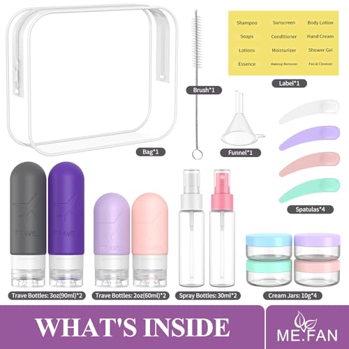 ME.FAN Travel Bottles for Toiletries, 18 Pack TSA Approved Travel Size Containers Set, Silicone Squeezable Portable Split Bottle, Travel Accessories for Conditioner, Shampoo, Lotion - Purple - color: Purple