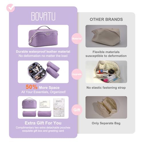 BOYATU Travel Makeup Bag Cosmetic Bags for Women: Large Capacity 3 Pcs Set Make up Bag with Compartments - Waterproof Vegan Leather Toiletry Organizer Bags with Handle (L01 Purple) - color: L01 Purple
