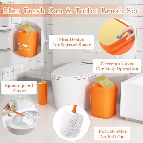 Bathroom Set - 11PC Bathroom Accessory Set, Bathroom Accessories Set, Orange Bathroom Set, Push-lid Trash Can, 3PC Soap Dispensers, Toilet Brush & Q-tip Holders - color: Orange & Gold, size: Bath Set