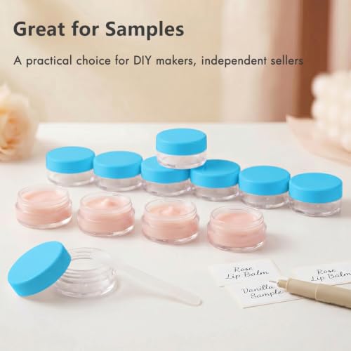 3 Gram Sample Jars with Lids, 25 Count Mini Cosmetic Containers - Makeup Travel Containers with Labels, Tiny Disposable Spatulas - color: Blue
