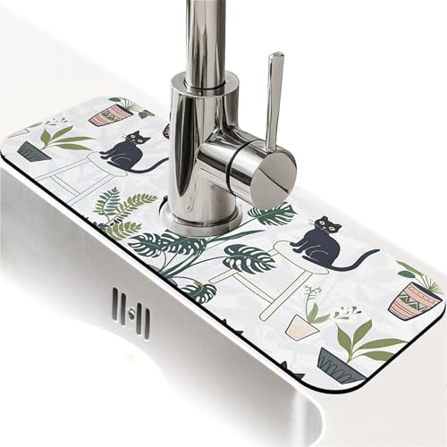 Kitchen Sink Splash Guard，Cats and potted plants Faucet Mat Sink Gadgets-Super Absorbent Fast Drying Mat Drip Catcher for Kitchen, Bathroom,Sink Mat, Dish Drying Mat, Bathroom(15" X 5.5" ) - color: Cats and potted plants