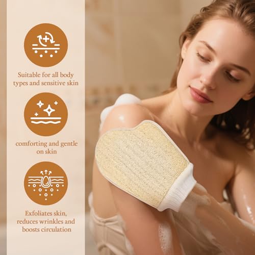 Natural Loofah Bath Mitts, 100% Plant-Based Loofah Gloves for Women and Men,Dye-Free,for face and Body-2 Count