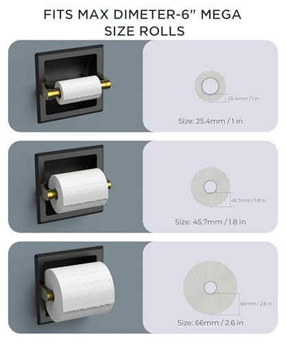 FORIOUS Recessed Toilet Paper Holder, Stainless Steel Durable Tissue Roll Holder Wall Mount for Bathroom Space Saving Design with Mounting Bracket, Wall Square Toilet Paper Dispenser, Black&Gold - color: Black&gold