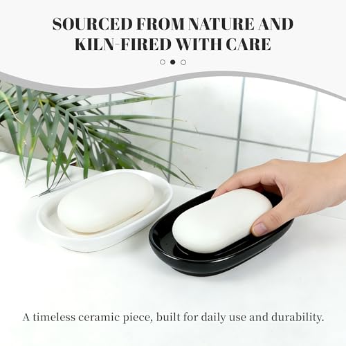 Black Soap Dish for Bathroom & Kitchen Sink – Ceramic Raised Center Keeps Soap Dry & Easy Clean, Heavy Base Stays Put on Wet Surfaces; Also Holds Soap Bars, Sponges, Jewelry, Keys & Small Items - color: Black