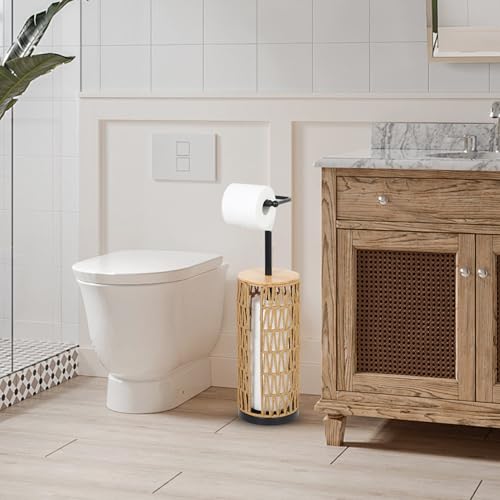 Trongee Freestanding Toilet Paper Holder with Storage,3 Rolls of Boho Toilet Paper Holder Stand with Lid,Gold Toilet Tissue Holder Stand Rattan Paper Storage Wicker Toilet Roll Holder Basket - color: U-black