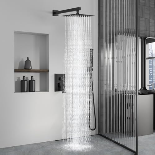 Aolemi Shower Faucet Set Rain Shower System with Handheld Spray Bathroom Shower Combo Rough-in Valve and Shower Trim Kit Included Matte Black 8 Inch Wall Mount Shower Head - color: Matte Black, size: 8 Inch Wall Mount Shower Head