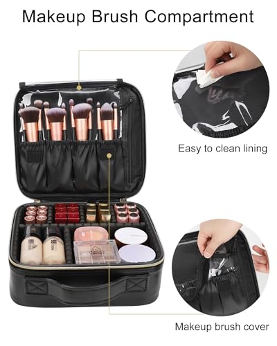 Relavel Makeup Bag, Travel Cosmetic Train Case Organizer Portable Artist Storage Bag with Adjustable Dividers for Cosmetics Makeup Brushes Toiletry Jewelry Digital Accessories Quilted Leather Black - color: Quilted Leather, size: Small