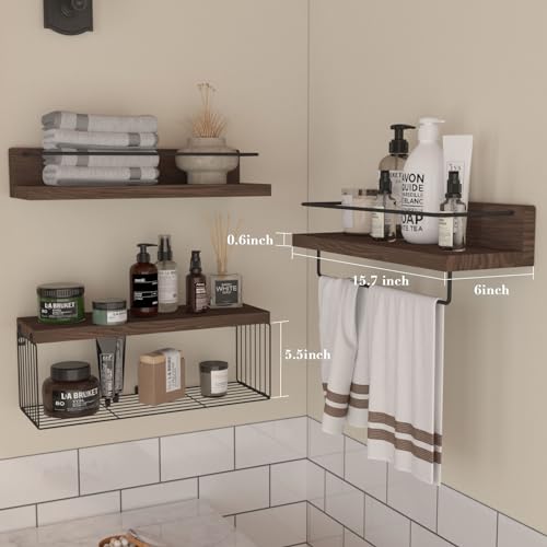 PopiShelves Bathroom Shelves Over Toilet for Wall, Floating Shelves with Storage Basket Paper Holer for Kitchen Living Room, Bedroom & Classroom, Set of 3 (Dark Brown) - color: Dark Brown, size: 15.7"