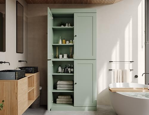 Palace Imports Solid Wood Tall Bathroom Pantry Cabinet with 4 Shaker Doors & Adjustable Shelves, Sage - 100% Eco-Friendly, Renewable, Space-Saving Storage, 71.5" H x 32" W, Made in Brazil - color: Sage