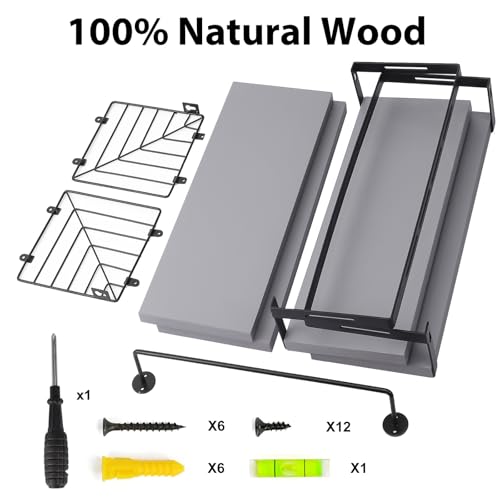 Fixwal Wall Mounted Bathroom Shelves Over Toilet, Rustic Wood Floating Shelves with Metal Frame and Towel Bar for Bathroom, Kitchen, Bedroom, Living Room (3 Plus 1 Gray) - color: 2-gray