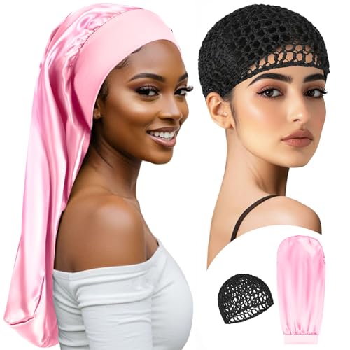 Braid Bonnet-Mesh Hair Nets for Sleeping Set Long Hair Bonnet Satin Reusable Elastic Mesh Wrap Cap for Curly, Braids Hair Anti Frizz 2 Piece Set(black net, pink bonnet) - color: Black Net, Pink Bonnet