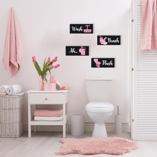 4 Pcs Pink Bathroom Decor Funny Pink And Black Bathroom Decor Wooden Modern Funny Glitter for Home Toilet Decoration(10x4 Inch) - color: Pink, size: 10 X 4 Inch