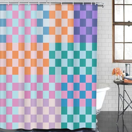 ArtSocket Retro Checkered Bathroom Set with Shower Curtain and Bath Rugs and Accessories,Colorful Funky Checkerboard Non-Slip Shower Curtain Set,Bathroom Decor 3 Pcs - color: Retro Checkered
