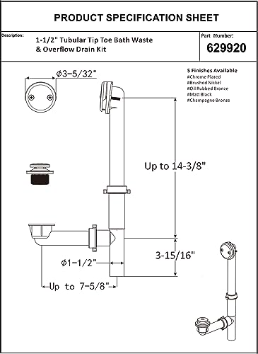 Artiwell 1-1/2" Black Tubular Bath Drain Kit with Tip-Toe Bath Drain Stopper, Touch-Toe Tub Drain, Tip Toe Bathtub Drain Waste and Overflow With Plug and Bathtub Overflow Drain Cover,Oil Rubbed Bronze - color: Oil Rubbed Bronze