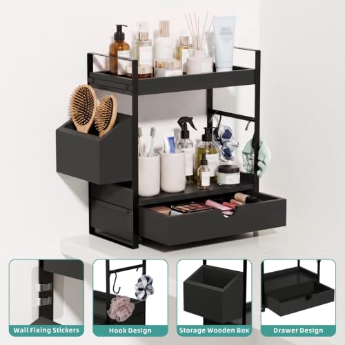 Kottwca 2-Tier Bathroom Counter Organizer with Drawer, Basket & Hooks, Wooden Vanity Shelf for Skincare, Perfume & Makeup Storage(Black) - color: Black