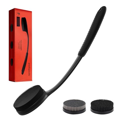 Long Handle Back Scrubber for Shower with 3 Interchangeable Heads-Black | Ergonomic Curved Handle,Non-Slip Silicone Grip,Premium Gift Box,Use in Wet and Dry,Cleaning and Exfoliation - color: Black