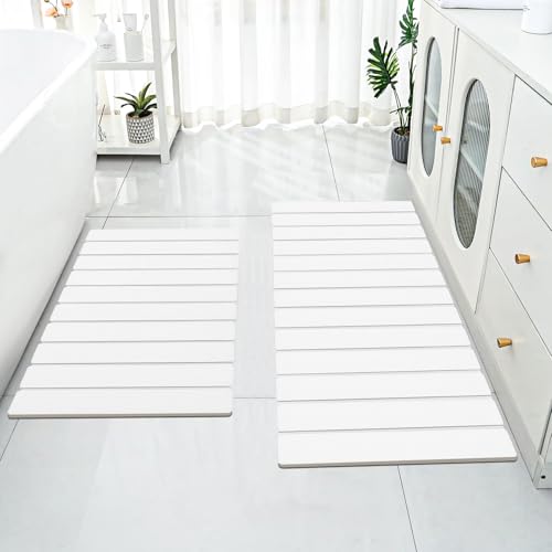 Cuckan 2 Pack Foldable Stone Bath Mats for Bathroom Super Absorbent Diatomaceous Earth Bath Mat Quick Dry Bath Rug Drying Mats with Non Slip Shower Rug Tub Shower Mat - color: White, size: Rug 15x24" + Rug 15x32" + 2x Non-slip Mat