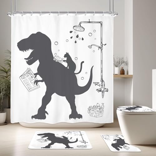 4PCS Dinosaur 71Wx71H Inches Funny Cute Kids Boys Animal Shower Curtain Sets with Rugs, Toilet Lid Cover and Bath Mat, Silhouette Shadow Bath Accessories Art Home Decor Fabric 12 Pack Hooks - color: A3-dinosaur Cat