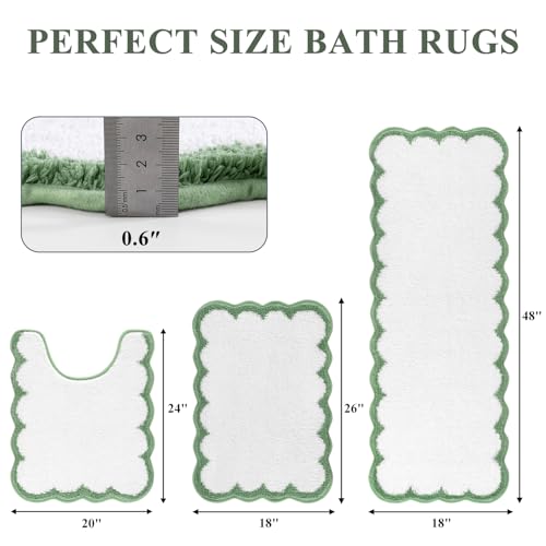 Pauwer Bathroom Rug Sets 3 Piece, Scalloped Bath Rugs, White and Green | Non Slip Washable Bath Mat With U-Shaped Toilet Rug, Extra Absorbent Quick Dry, For Floor Sink - color: White and Green