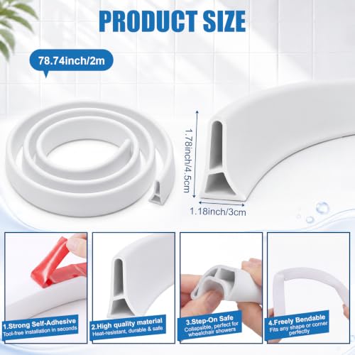 1.77" High Collapsible Shower Threshold Water Dam, 78 Inch Silicone Shower Water Splash Dam Guard Strip Barrier for Bathroom Floor, Wet and Dry Separation Bathroom and Kitchen(Curved) - style: Curved