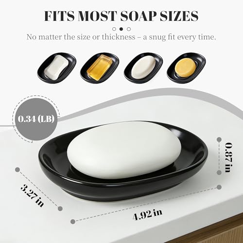 Black Soap Dish for Bathroom & Kitchen Sink – Ceramic Raised Center Keeps Soap Dry & Easy Clean, Heavy Base Stays Put on Wet Surfaces; Also Holds Soap Bars, Sponges, Jewelry, Keys & Small Items - color: Black