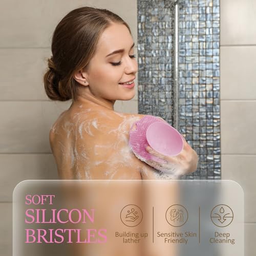 Soft Silicone Body Scrubber, Gentle Like a Hand Exfoliating Your Skin and Build Up Lather Easily, Back Large Suction Cup Easy to Store, Long-Lasting & Deep Clean (Pink) - color: Pink