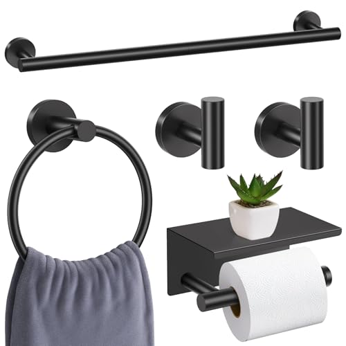 Matte Black Bathroom Hardware Set, 5 Pieces Black Towel Bar Bathroom Accessories Set, Upgraded Toilet Paper Holder with Shelf, 23.6 Inch Towel Rack Towel Holder for Bathroom Wall - color: Matte Black, size: 5 Pieces B