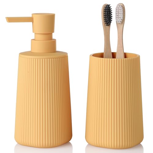 YAUKPH Bathroom Accessories Set 2 Piece Soap Dispenser and Toothbrush Holder for Bathroom Countertop Striped Yellow - color: Striped Yellow