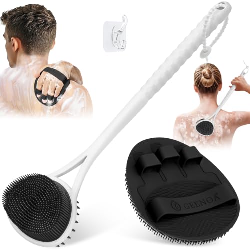 Silicone Back Scrubber & Bath Glove Set, 15.35’’ Soft Back Scrubber with Dual-Side Brush Head, 360° Anti-Slip & Enlarged Exfoliating Body Scrubber for Rich Foaming Deep Cleaning(Black) - color: Black