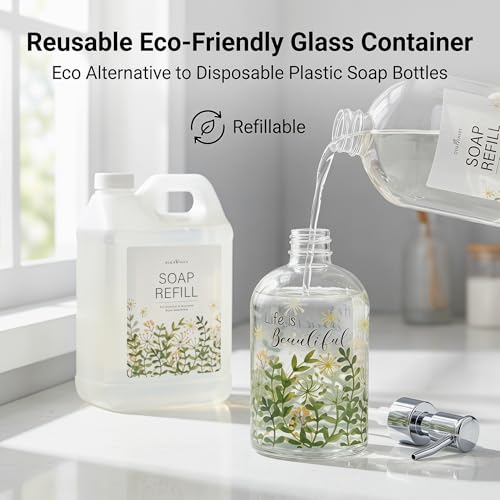 Topadorn 17oz Glass Soap Dispenser, Refillable Clear Liquid Soap Bottle, Bathroom Kitchen Countertop Decor, Inspirational Quote Design - color: Green