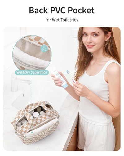 Narwey Travel Toiletry Bag for Women, Checkered Large Makeup Bag, Wide Open Cosmetic Make Up Organizer, Wet Pocket for Towel, Travel Bag for Toiletries, Brushes, Essentials (Light Brown Checker) - color: Light Brown Checkerboard