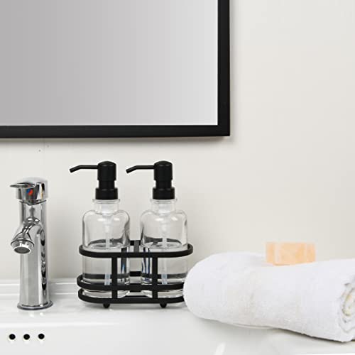 3 Piece Round Heavy Weight Glass Soap Lotion Pump Dispenser Set with Metal Caddy for Home Bath Kitchen Travel Office Hand Crafted Metal Tray Oil Rubbed Bronze