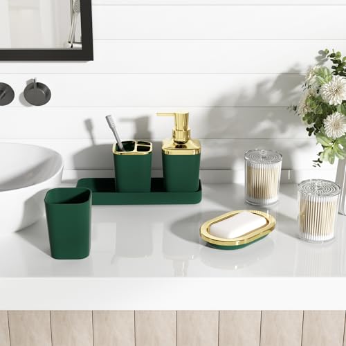 XLHOMO Bathroom Accessories Set - 25PC Bathroom Set with Shower Curtain and Rugs, Green Bathroom Set, Bathroom Accessory Set with Press-on Lid Trash Can, Soap Dispenser and Qtip Holders - color: Green & Gold, size: Plaid Complete Set + Bath Rugs