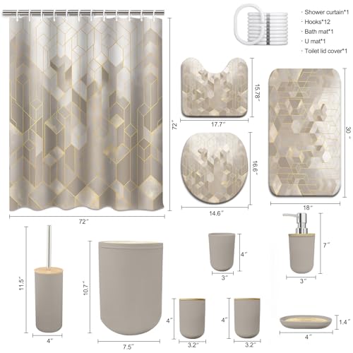 Lnond Beige Bathroom Set, Beige Abstract Cubes Bathroom Accessories Sets Complete, Luxury Restroom Set with Shower Curtain and Rugs, Trash Can, Toilet Brush Holder Set & Soap Dispenser - style: Beige