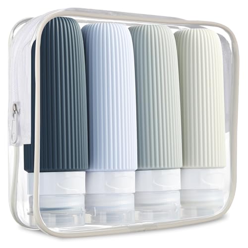 Mrsdry Travel Bottles for Toiletries, Tsa Approved 3oz Portable Travel Bottles, BPA Free Leak Proof Squeezable Silicone Travel Size Containers, Travel Accessories with Clear Toiletry Bag (4 Pack) - color: Grey, size: 3 Ounces