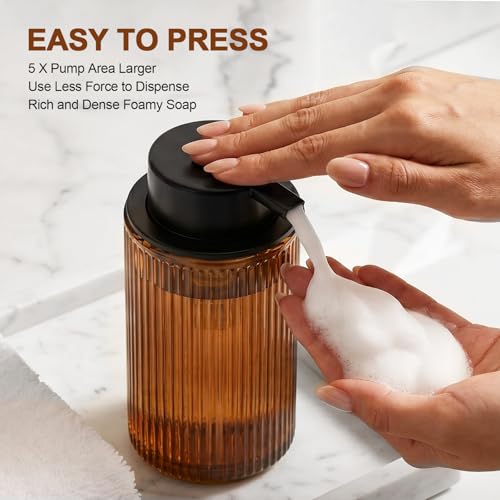 KASUNTING Foaming Soap Dispenser, Amber Glass Foam Hand Soap Dispenser for Bathroom, 11 Fl Oz Ribbed Refillable Foaming Pump Bottle with Black Pump, Modern Dish Soap Foam Dispenser - color: Amber Bottle+ Black Pump, size: Foam-1 Pack