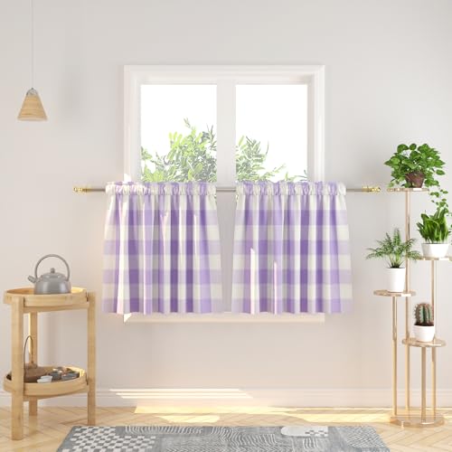 3 Pieces Tier Curtains and Valance Set Buffalo Check Kitchen Tiers Plaid Gingham Rod Pocket Classic Short Small Cafe Curtains Country Farmhouse Cafe Bathroom 54"x18"/27"x24" Lilac & White - color: Plaids Lilac&white, size: 27"W x 24"L (Pack of 3)