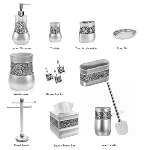 Creative Scents Crackled Glass 6 Pc. Silver Resin Bathroom Accessories Set | Includes Trash can, Tissue Box Cover, Soap Dispenser, Toothbrush Holder, Tumbler Cup & Soap Dish - style: 6 Pc Set 01